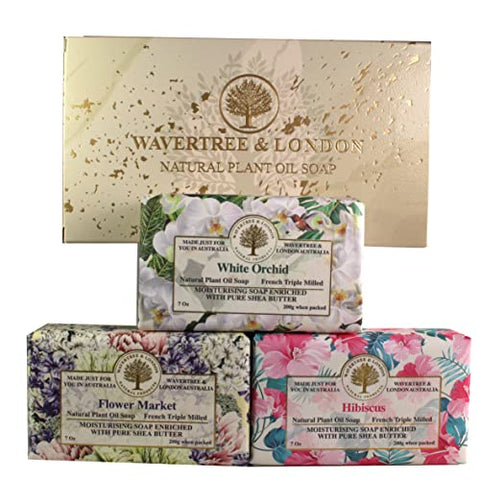 Bath Soap Bars (3) in Gift Box (White Orchid, Flower Market and Hibiscus Scents) – French, Triple-Milled, Natural Soap Made with Shea Butter, Plant based Oils, and Glycerin – Face Soap & Body Soap Bar by Wavertree & London,