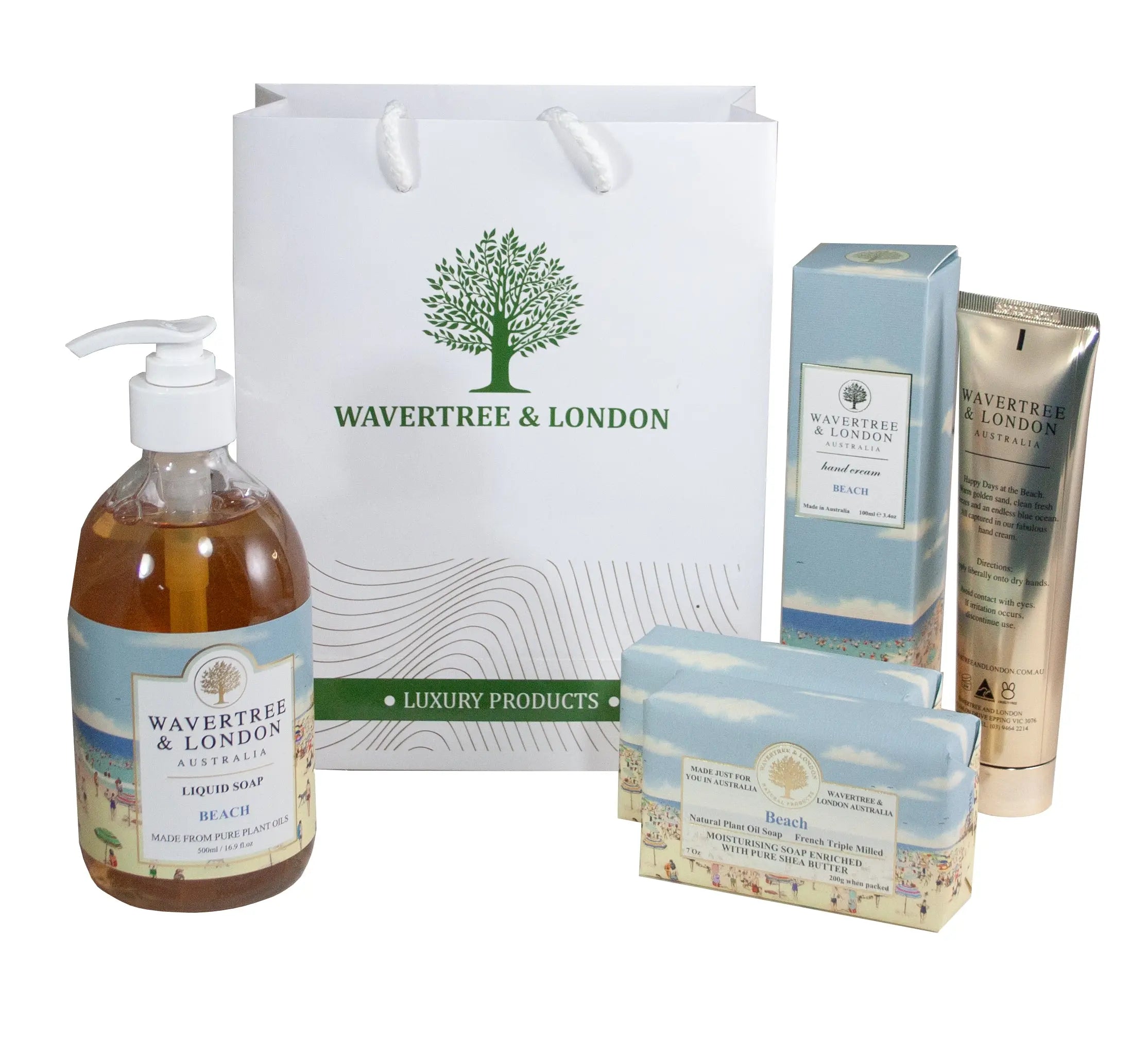Wavertree Beach Scented Ultimate Comfort Gift Set - Liquid Soap, Soap Bars (2), Hand Cream and Gift Bag