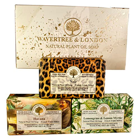 Bath Soap Bars (3) in Gift Box (Noir, Lemongrass and Havana Scents) - French, Triple-Milled, Natural Soap Made with Shea Butter, Plant based Oils, and Glycerin – Face Soap & Body Soap Bar by Wavertree & London,