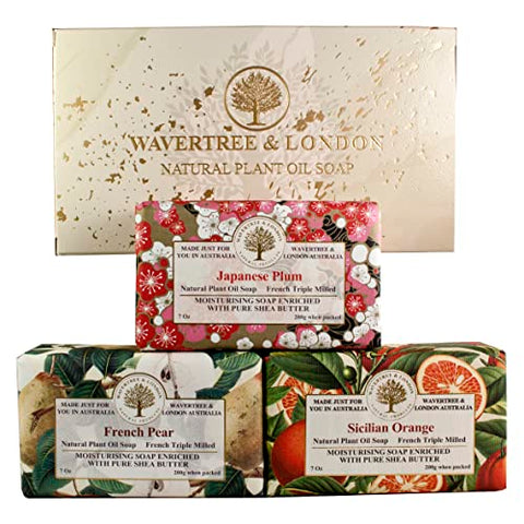 Bath Soap Bars (3) in Gift Box (Japanes Plum, French Pear and Sicilian Orange Scents) – French, Triple-Milled, Natural Soap Made with Shea Butter, Plant based Oils, and Glycerin – Face Soap & Body Soap Bar by Wavertree & London,
