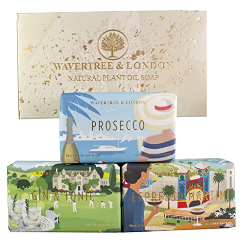 Bath Soap Bars (3) in Gift Box (Prosecco, Gin & Tonic and Espresso Martini Scents) – French, Triple-Milled, Natural Soap Made with Shea Butter, Plant based Oils, and Glycerin – Face Soap & Body Soap Bar by Wavertree & London,