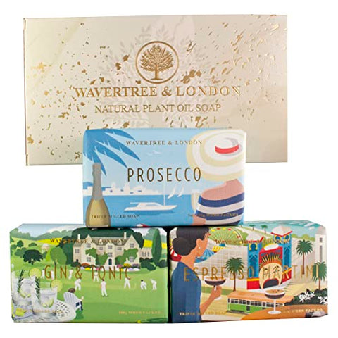Bath Soap Bars (3) in Gift Box (Prosecco, Gin & Tonic and Espresso Martini Scents) – French, Triple-Milled, Natural Soap Made with Shea Butter, Plant based Oils, and Glycerin – Face Soap & Body Soap Bar by Wavertree & London,