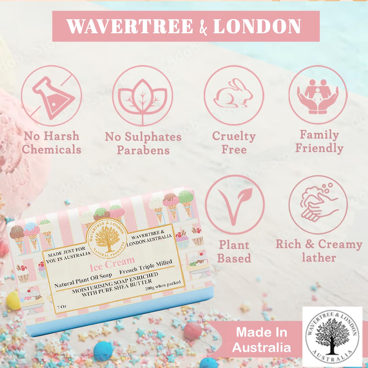 Wavertree & London Ice Cream Natural Soap Bar 7 Ounces (8 Bars)