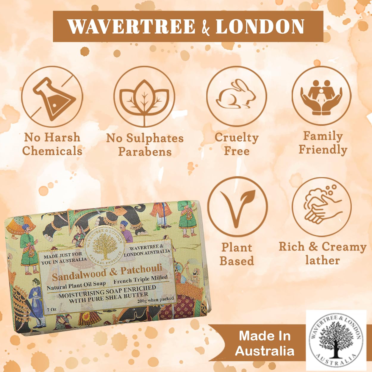 Wavertree & London Sandalwood Patchouli Moisturizing Soap Bar with Shea Butter (2 Bars)