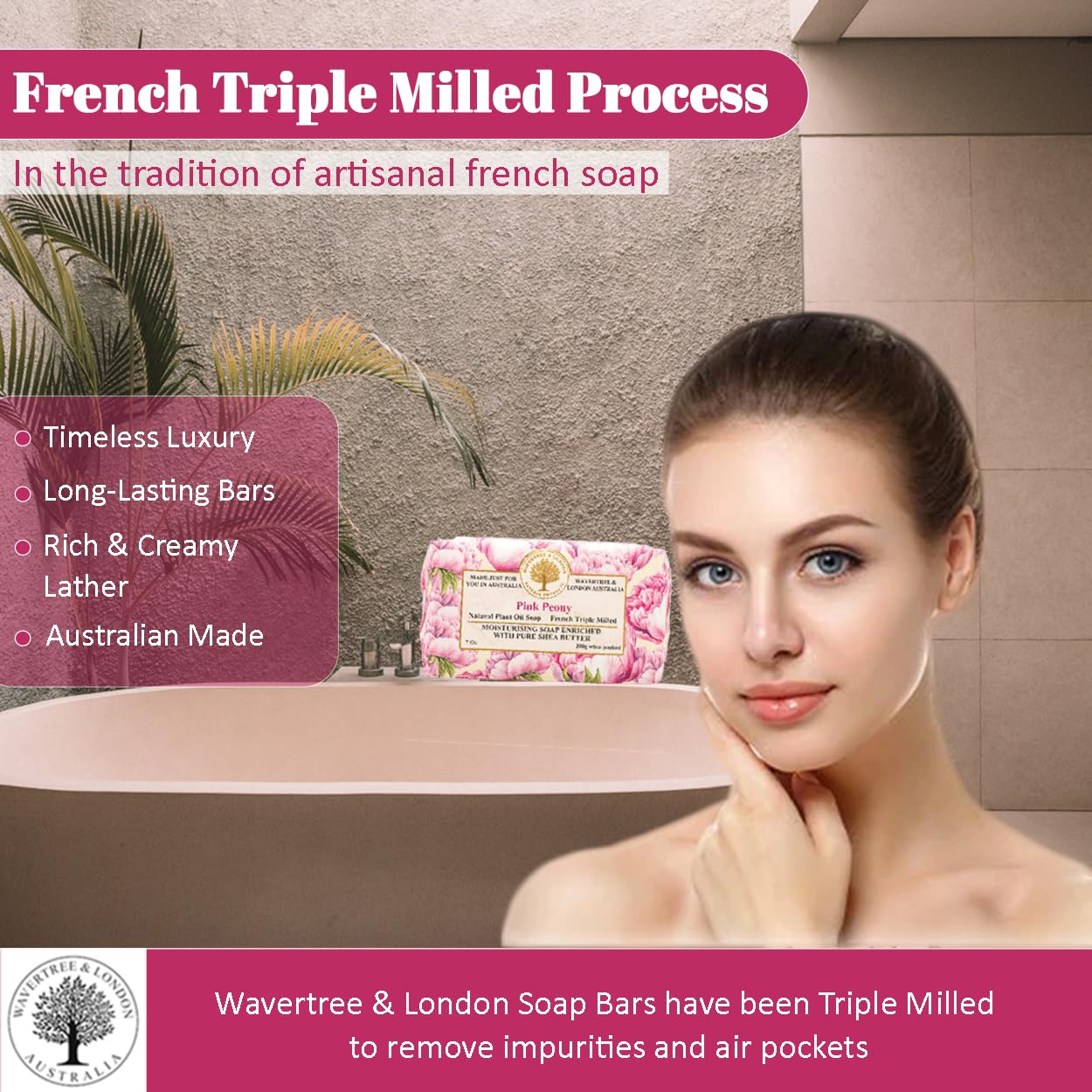 Wavertree & London Pink Peony (2 Bars), 7oz Moisturizing Natural Soap Bar, French -Milled and enriched with Shea Butter