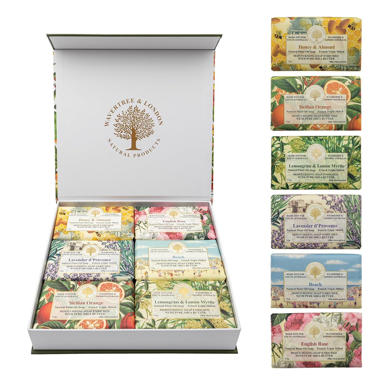 Natural Soap Bars Gift Set (Set of 6) – Floral, Citrus, & Ocean Scents – Assorted Bar Soap Gift Box for Women & Men