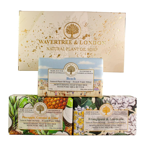 Bath Soap Bars (3) in Gift Box (Beach, Pineapple, Coconut Lime and Frangipani Gardenia Scents) – French, Triple-Milled, Natural Soap Made with Shea Butter, Plant based Oils, and Glycerin – Face Soap & Body Soap Bar by Wavertree & London,