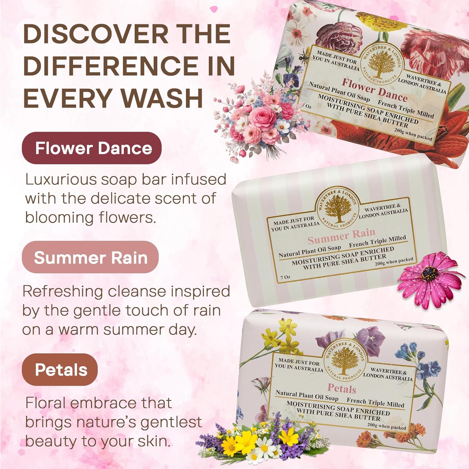 Premium Floral Soap Gift Box – Flower Dance Trio (3 x 7oz Bars) – Triple-Milled, Natural Shea Butter Soap for Gifting
