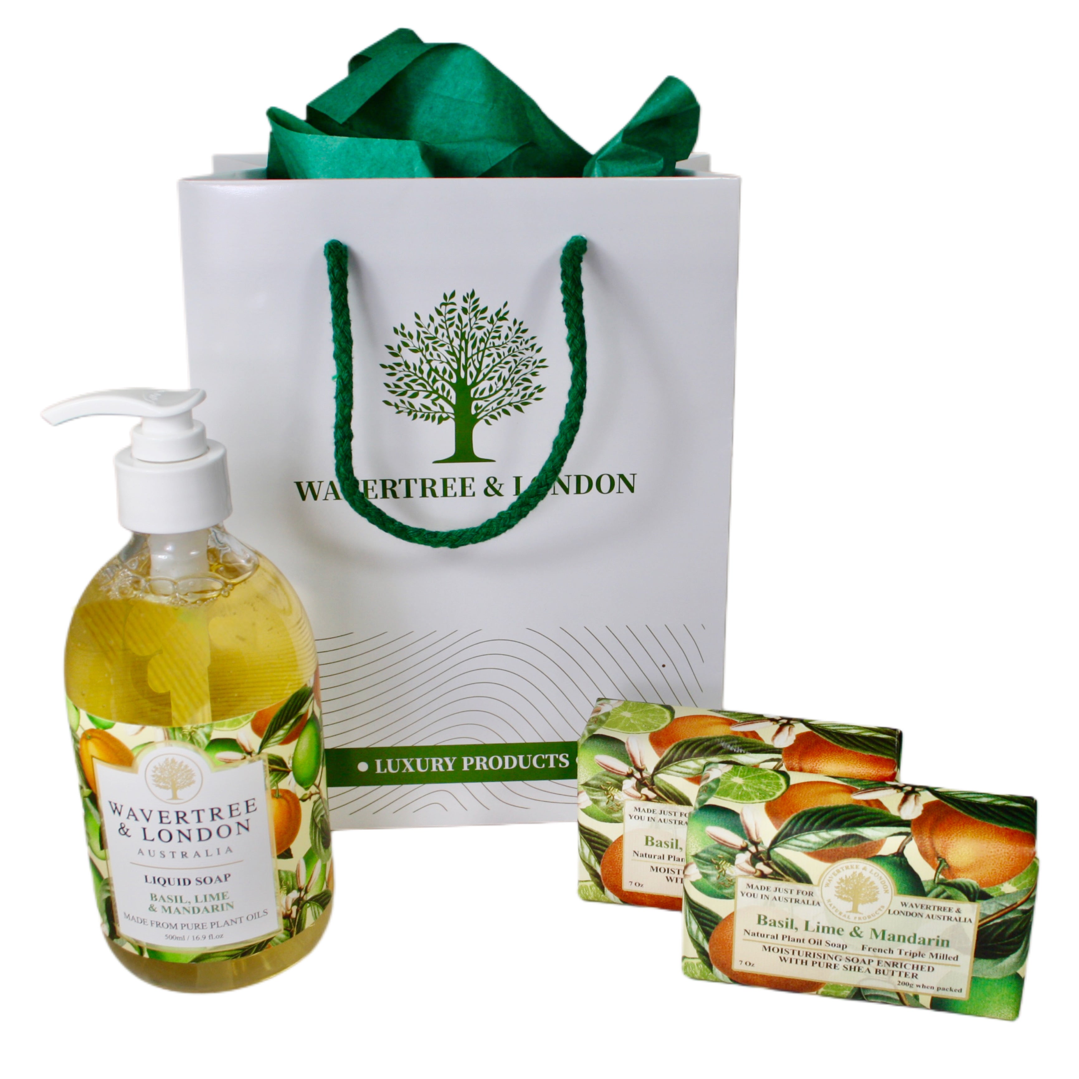 Wavertree Basil, Lime & Mandarin Scented Gentle Care Gift Set - Liquid soap, soap bars (2) and gift bag