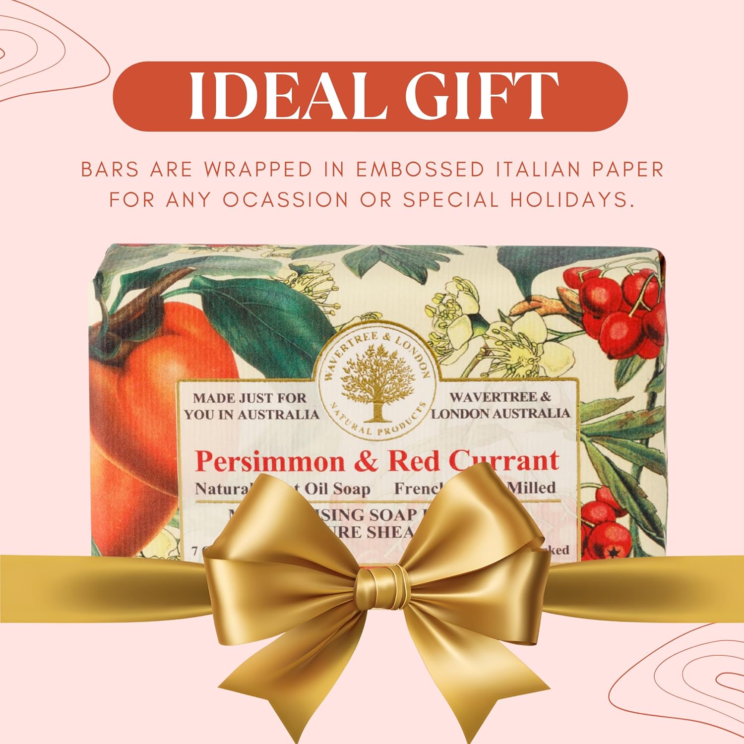 Soap bar with Persimmon & Red Currant scent wrapped in embossed Italian paper
