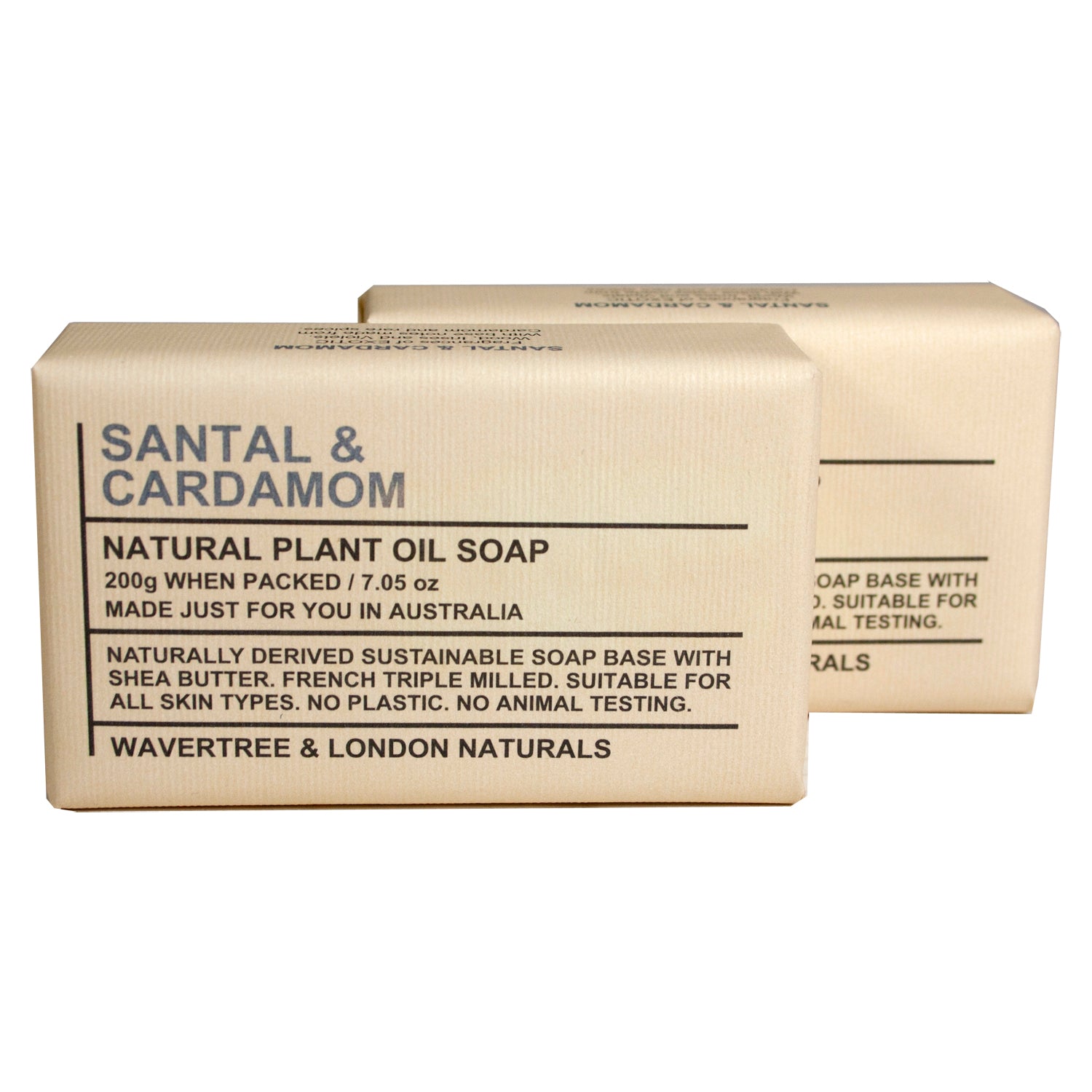 Wavertree & London Santal & Cardamon Triple Milled 7oz. soap bars (2). 100% Naturally derived
