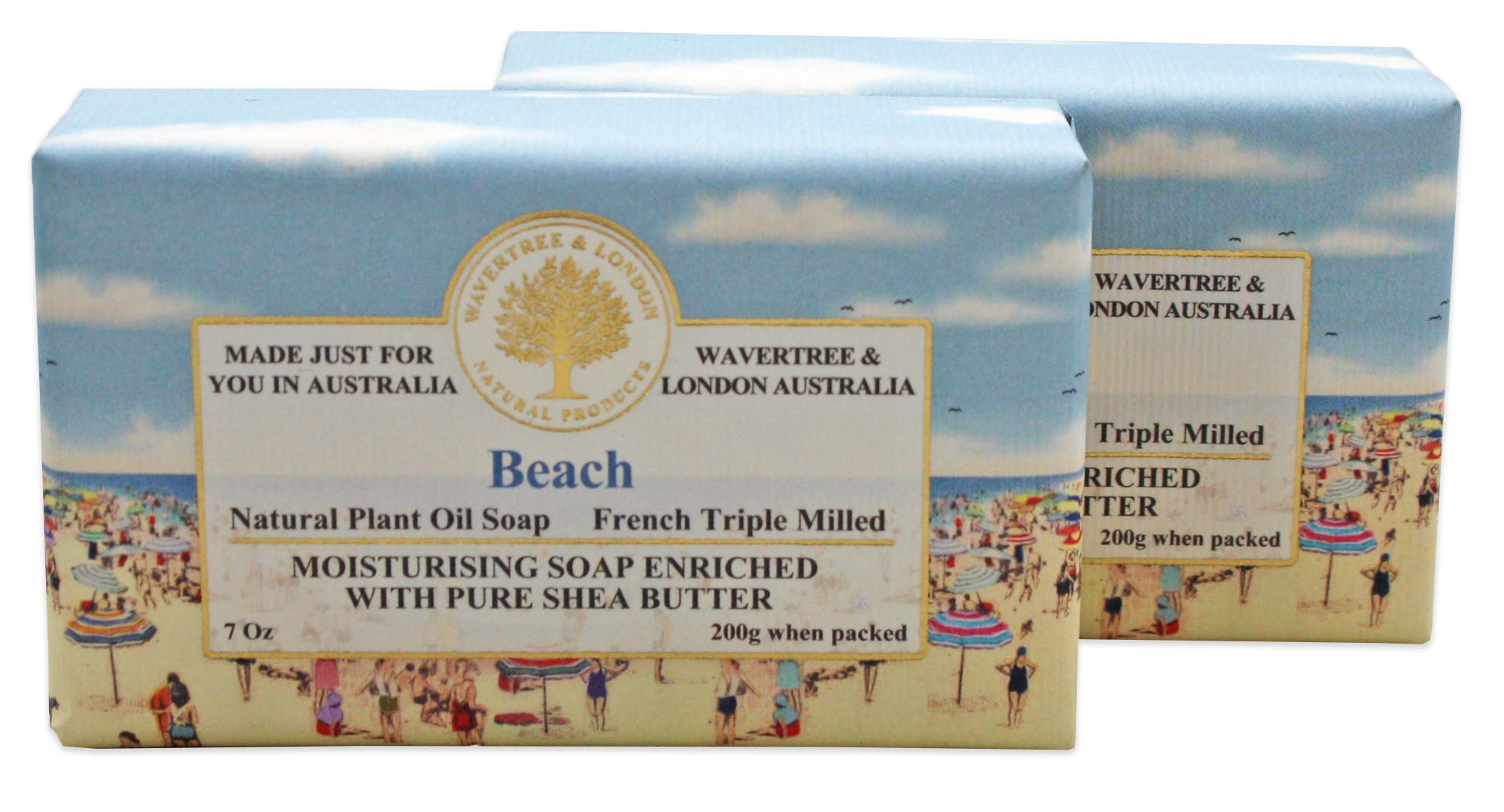 Wavertree & London Beach (2 Bars), 7oz Moisturizing Natural Soap Bar, French -Milled and enriched with Shea Butter