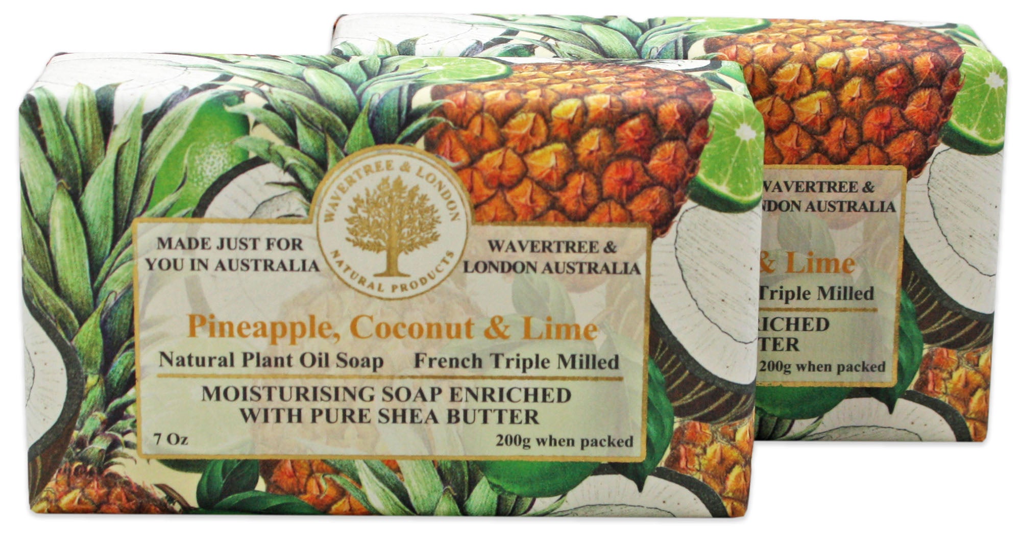 Wavertree & London Pineapple Coconut Lime (2 Bars), 7oz Moisturizing Natural Soap Bar, French -Milled and enriched with Shea Butter